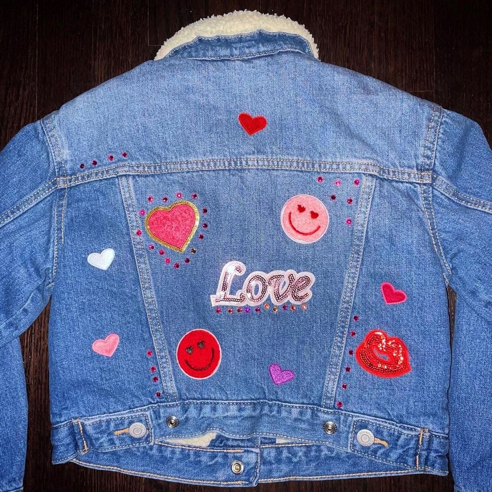 Bedazzled and patches shearling denim jacket